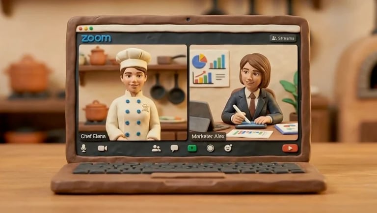 Laptop showing Zoom video call with chef and businesswoman avatars on screen