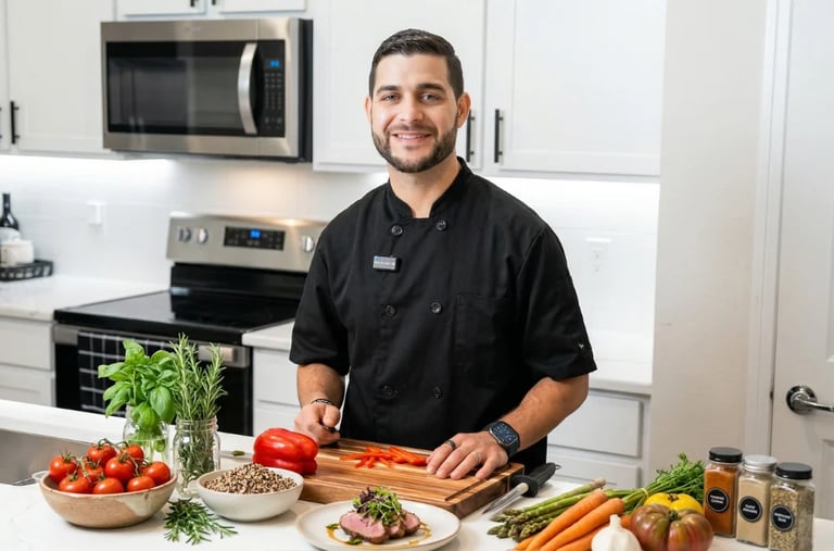 Male chef in black shirt preparing vegetables in modern kitchen with fresh produce on counter