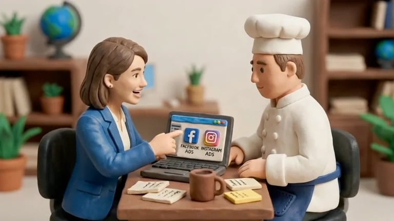 Two 3D cartoon characters sitting at a desk discussing social media marketing on a laptop
