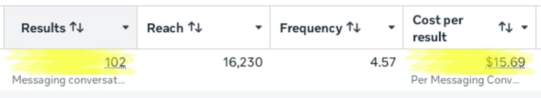 Advertising metrics table showing 102 results, 16,230 reach, 4.57 frequency, and $15.69 cost per result for messaging conversation