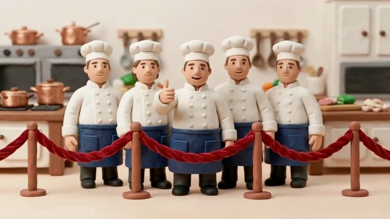 Five cartoon chefs in white uniforms and blue pants standing in a row holding a red velvet rope in a kitchen setting
