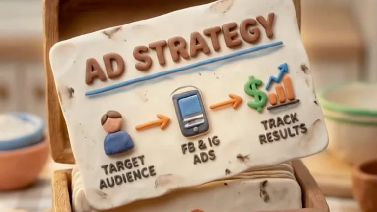 Whiteboard displaying ad strategy flow chart with target audience, Facebook and Instagram ads, and track results icons with dollar sign
