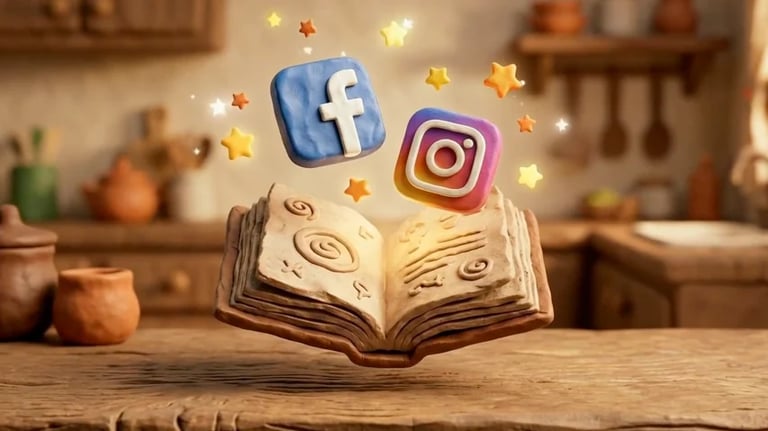 Open book with Facebook and Instagram icons floating above, surrounded by decorative stars on wooden surface in rustic kitchen