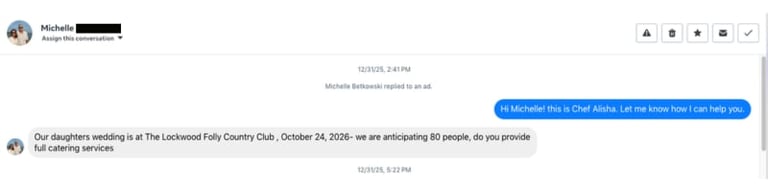 Screenshot of a messaging conversation between two users discussing wedding catering services at The Lakewood Folly Country Club on October 24, 2025
