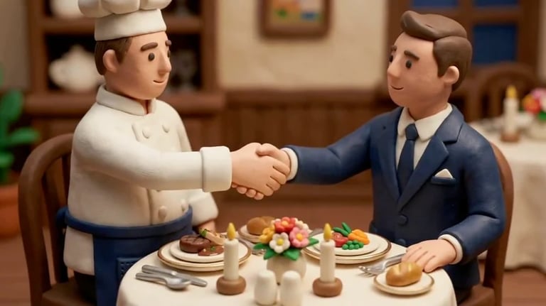 Animated chef and businessman shaking hands at a dining table with plated food and place settings