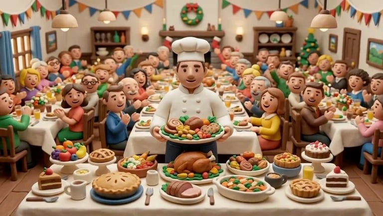 Chef in white hat holds roasted chicken surrounded by large festive dining room filled with people eating traditional holiday meal
