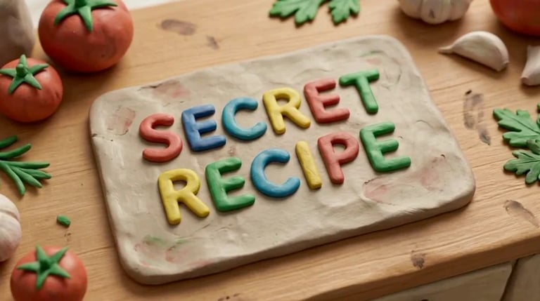Colorful letters spelling SECRET RECIPE on a stone tablet surrounded by fresh tomatoes, garlic, and herbs on a wooden surface