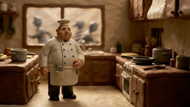Animated chef character in white double-breasted coat standing in a warm-toned kitchen with wooden furniture and cooking equipment